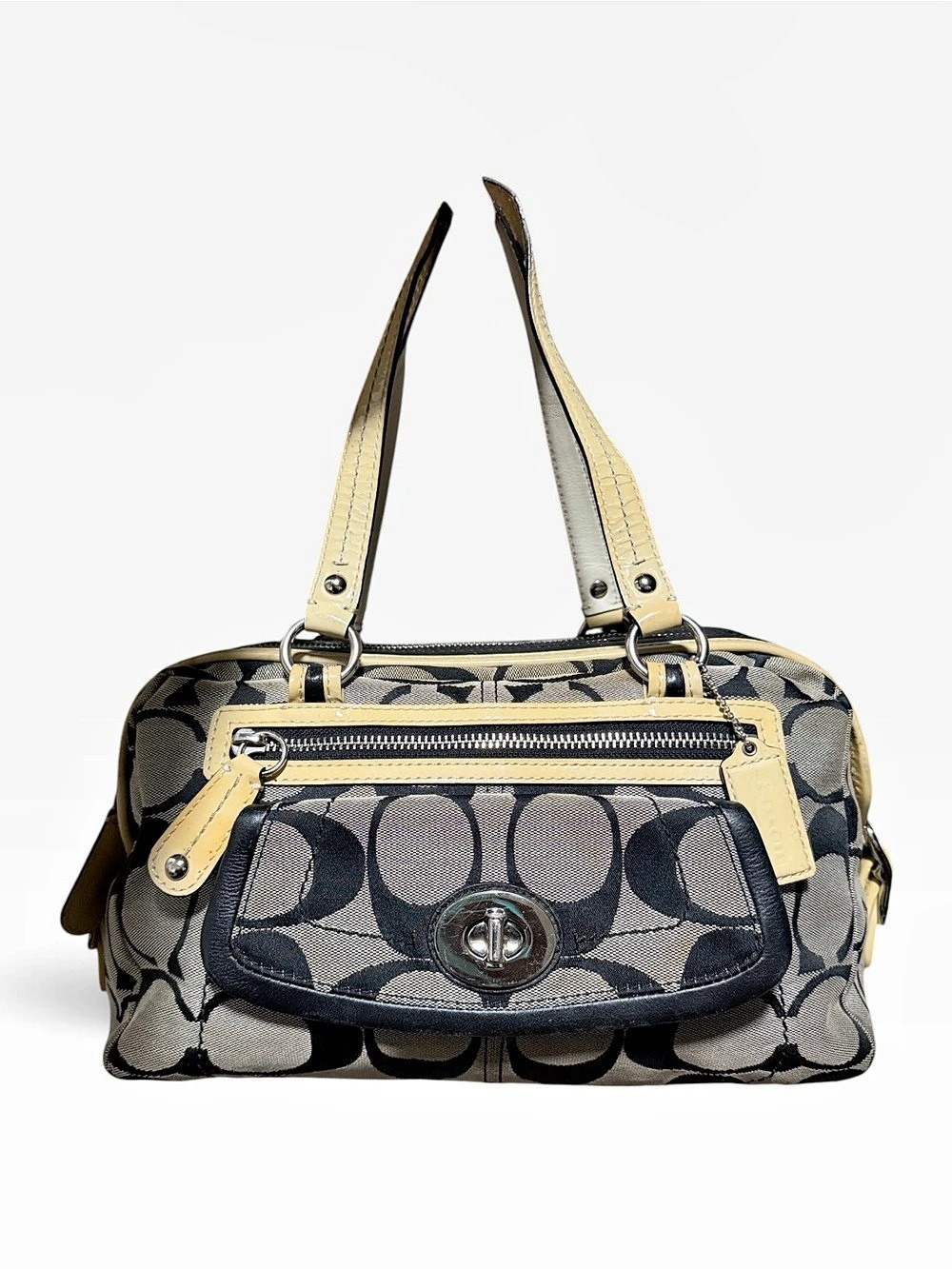 Coach Signature Satchel Jacquard Shoulder Bag in Black & White